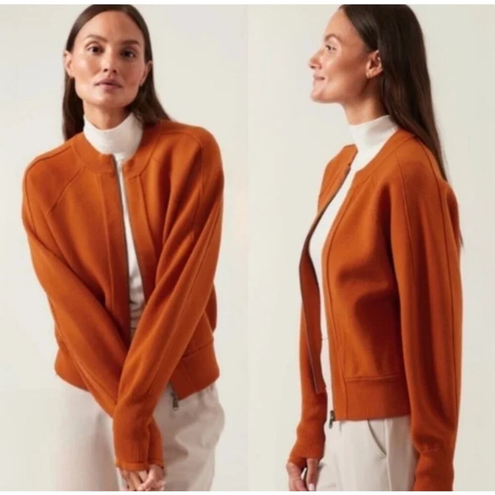 Sm Orange Athleta Sequoia Thick Knit Bomber Jacket Sweater Thumbholes Cozy Fall